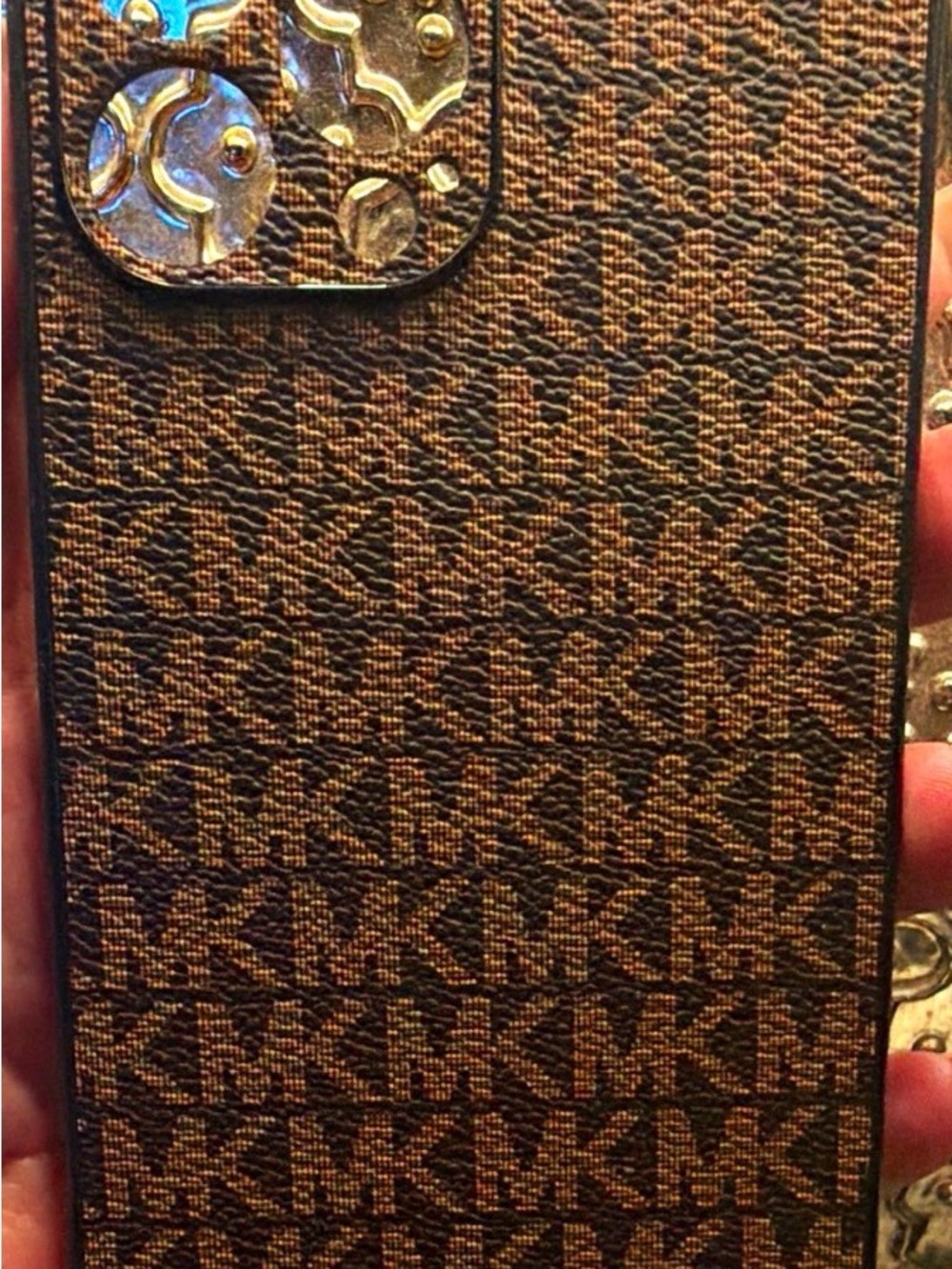 Michael Kors Brown Monogram Silicone/Leather Phone Case with Gold Camera Accent